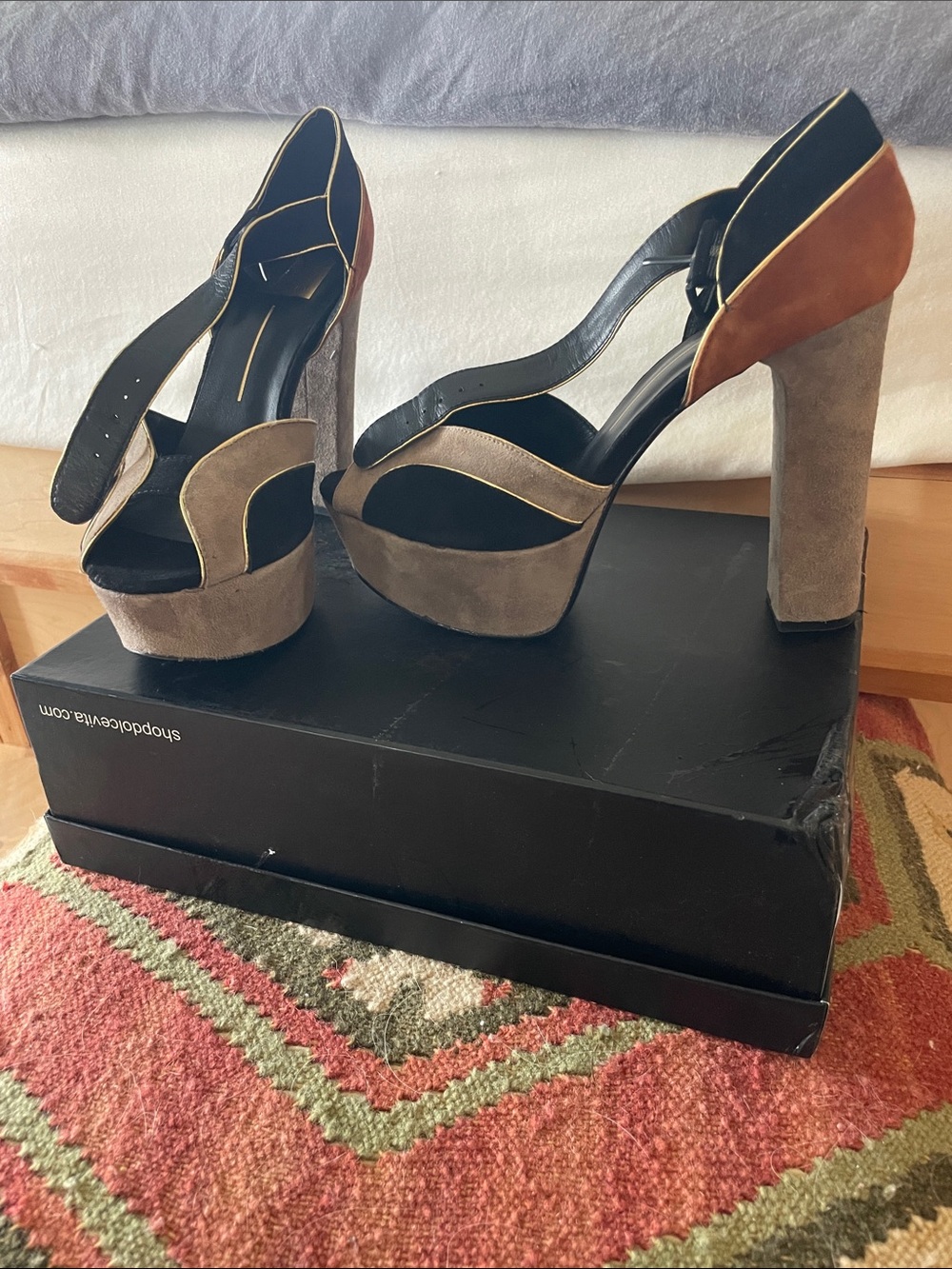 Dolce Vita Multi-Panel Platform Sandals in Black, Brown and Tan with Gold Trim